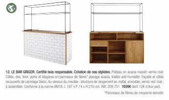 Le Bar Grigor - Plateau en acacia massiveris mat, tiroir, porte & étagères en panneaux anti-humid - Certifié bois responsable & conçu par nos stylistes