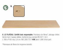 Bois Responsable : Plateau en Chêne Vemis Mat - L 168 x P 60 x Ép. 2,4 cm | Réf. 209.772 - 149€ (-1,80€ éco-part.)