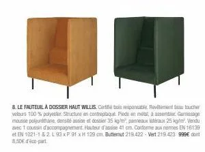 fauteuil willis, revêtement velours polyester, structure contreplaqué et pieds métaux - découvrez-le !