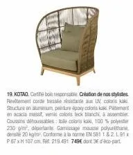 kotao carte bois responsable - coloris kaki, structure en aluminium et pétement en acacia massif - revêtement cordés tressée résistant aux uv.