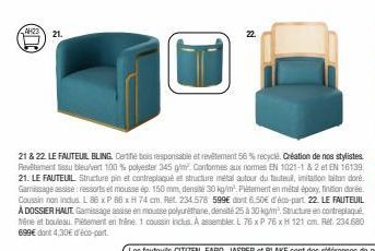 Fauteuil Bling BLEU/VERT - 56% Revêtement Recyclé - Certifié Responsable - Conforme à la Norme EN - Promo!