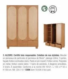 alegro - meuble 3 portes en chêne et pin massif - certifié bois responsable - promo et finition contrastée claire!