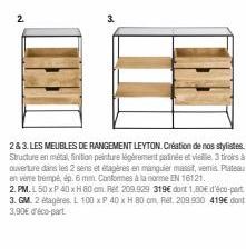 Meubles de rangement Leyton: 3 tiroirs, étagères en manguier massif, style unique.