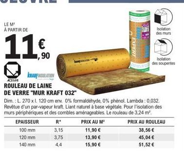 Promo : KNAUFINSULATION ACEMI - Rouleau de Laine 032 ,MUR KRAFT 032, 0% Formaldéhyde, 0% Phénol.