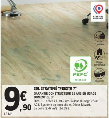 Sol Stratifié Presto 7 - 9€/m² - Garantie Constructeur 25 Ans - L.128,6x19,2 cm - Classe d'Usage 23/31, AC3.