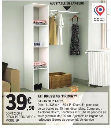 Kit Dressing PRIMA: Mobilier Ajustable en Largeur à 2,00 € | Garantie 2 Ans | 138x180x40 cm | 15 mm de Particules | Décor Blanc