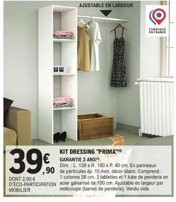 kit dressing prima: mobilier ajustable en largeur à 2,00 € | garantie 2 ans | 138x180x40 cm | 15 mm de particules | décor blanc