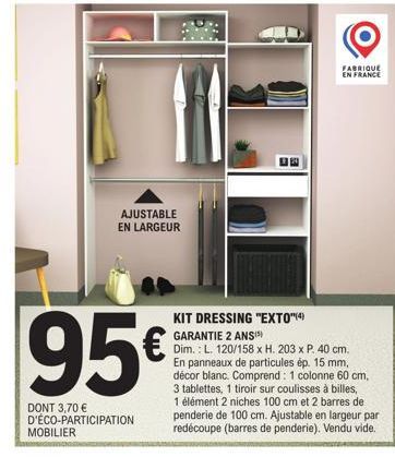 Kit Dressing EXTO Ajustable en Largeur - 95€ - Garantie 2 Ans - L.120/158 x H.203 x P.40cm - Décor Blanc.