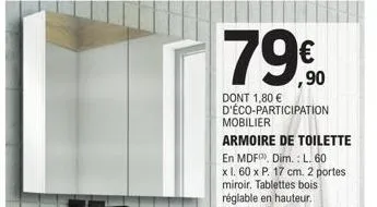 armoire de toilette en mdf - 77€ ! 2 portes miroir et tablettes bois réglables. une offre immanquable !