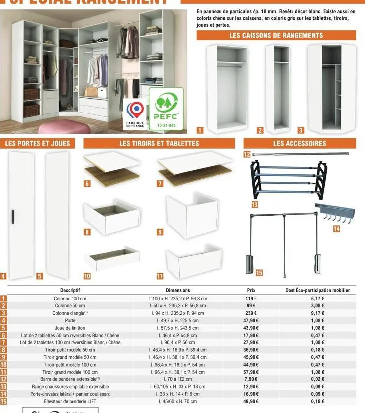 pack de meubles et portes: colonnes 100 et 50 cm, portes, joues de finition et tablettes 50 cm réversibles blanc/chêne!