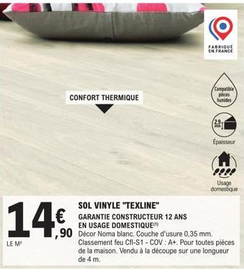 Texline : Sol Vinyle Noma Blanc, 12 Ans Garantie Constructeur, Usage Domestique, 0,35 mm Couche d'Usure, 14€ Promotion !