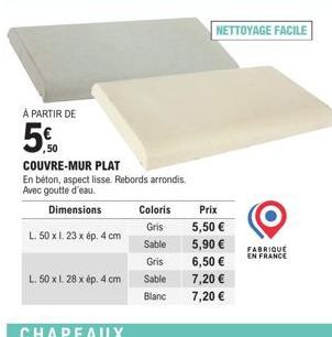 Couvre-mur plat en Béton avec Goutte d'eau - 5% de Réduction - Dimensions/Coloris Variés.