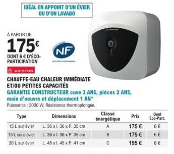 Promo ! Chauffe-Eau Ariston 15L/15L et 30L - à partir de 175€ et 6€ d'éco-participation