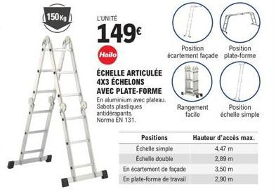 Hailo Échelle Articulée 4x3 Échelons avec Plate-forme - 150kg de capacité - 149€ - Norme EN 131