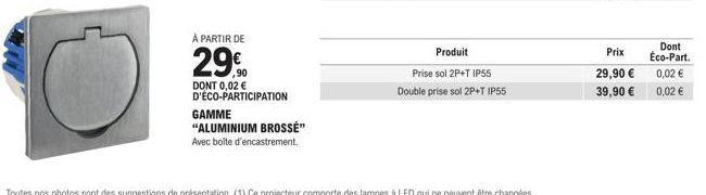 Prise sol 2P+T IP55 double, gamme en aluminium brossé et boîte d'encastrement, à partir de 29,90€ + Eco-P.!