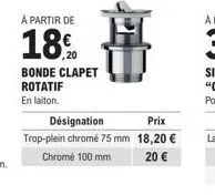 promo : désignation bonnet clapet rotatif en laiton à prix réduits - 18% à partir de 18,20 € et 20 € - trop-plein chrome 75 & 100 mm.