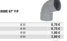 COUDE 67° F/F  0 32  Ø 40  050  0 80  0,70 €  0,75 €  1,80 €  3,60 € 