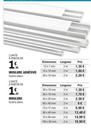 promo - moulure adhésive & moulure coloris blanc - à partir de 1.50/1.20€/unité - différentes dimensions