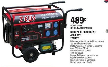 Profitez Maintenant - Groupe Électrogène ZEUS 4500 W à Seulement 489€ + Eco-Participation 2,50€!