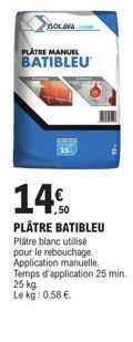 Plâtre Batibleu - 25 kg, 0,58€/kg, Application Manuelle en 25 min - Rebouchage Facile et Rapide!
