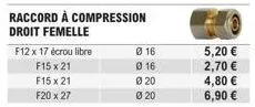 raccord à compression : f12x17, f15x21, f20x27 à prix réduit - 5,20 €, 2,70 €, 4,80 €, 6,90 €.