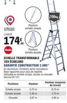 Hailo FABRIQUE EN FRANCE - Échelle Transformable 3x9 Échelons, Garantie Constructeur 3 Ans* En Aluminium!