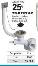 vidage évier 060: bonde à bouchon & chaînette ø60 - prix à partir de 25€ - siphon extra plat!