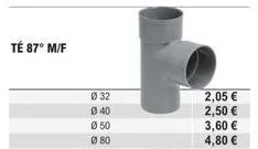 té 87° m/f  ø 32  040  ø 50  080  2,05 €  2,50 €  3,60 €  4,80 € 