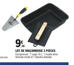 Lot de maçonnerie 3 pièces ! 9.0-90€ - Auge 10L, Truelle laminée ronde, Taloche alvéolée.