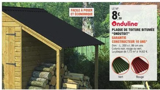 plaque de toiture ondutoit de onduline: facile & économique, garantie 10 ans, l.200 x 1,86m, noir/rouge/vert à 80,50€!
