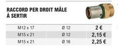 Kit de Raccord M12 x 17 et M15 x 21 à Sertir, Promo 2€ 2,15€ et 2,25€ - Ø12 et 016.