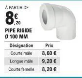 à partir de  ,20  pipe rigide 0 100 mm  prix  8,60 €  9,20 €  8,20 € 