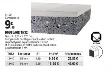 isolation thermique double couche th32, dim l. 250 x i. 120 cm - épaisseur 13+40/53 mm & 13+80/93mm - polystyrène lambda : 0,032