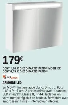 armoire led mpglass en mdf à 179€ - 2 portes miroir avec 1 bandeau led intégré!