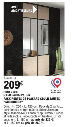 Pack de Portes de Placard Coulissantes Sherbrook, 2 Vantaux Partitionnés Miroir - H. 250 x L. 120 cm - 209€ + 2,80€ Éco-Participation.