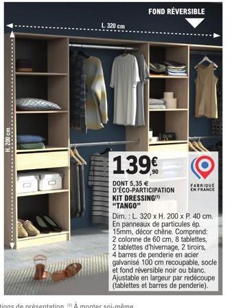 Kit Dressing TANGO - Fond Réversible en Chêne - 200 x 320 cm - 139€, 5,35€ Éco-Participation - Fabriqué en France.