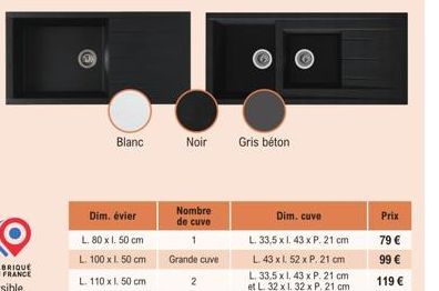 Évier Blanc et Gris Béton - Dim. L80 x L150 cm et deux cuves - Profitez de la Promotion!