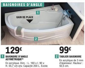 Promo : BaigNoire d'angle 99€ : baigNoire Acrylique de 3mm, Hauteur 50.5cm, 2 Tabliers Inclus