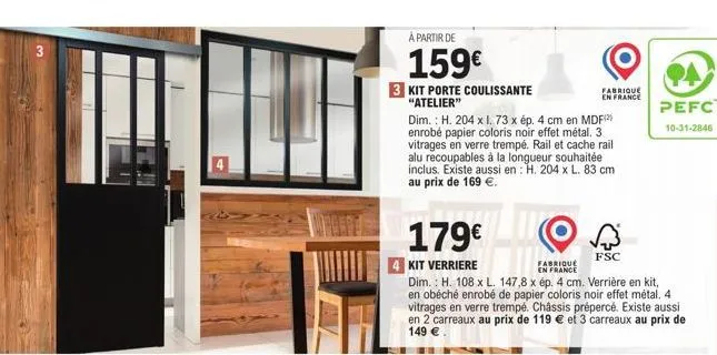 offre exclusive: kit porte coulissante atelier à partir de 159€ - h. 204 x l. 73 x ep. 4 cm mdf(²), verre trempé, alu recoupables!