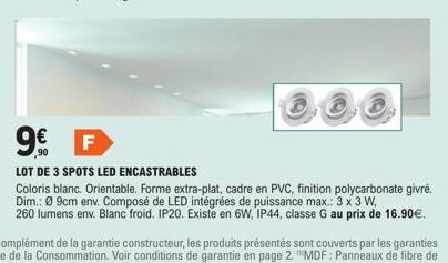 Lot de 3 Spots LED encastrables - 9€ F! | Orientables, forme extra-plat, 3x 3W | Puissance max. & éclairage blanc givré