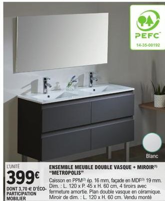 Ensemble Meuble Double Vasque + Miroir Metropolis, à 399€ avec 3,70 € Eco-Participation - PPM 16 mm, MDF 19 mm, L. 120 x P. 45 x H. 60 cm, Mobilier Blanc