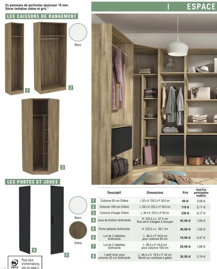 Portes et Joues en Panneaux de Particules Épais 18 mm - Décor Chêne et Gris - Les Caissons de Rangement 3 Blanc - PEFC et Plus - Promo 11.