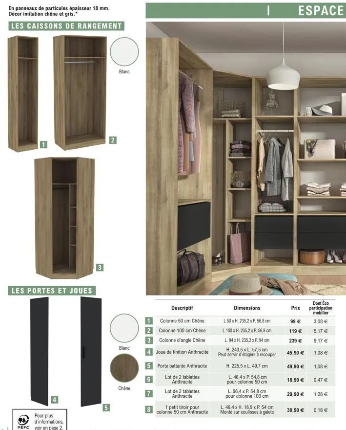 portes et joues en panneaux de particules épais 18 mm - décor chêne et gris - les caissons de rangement 3 blanc - pefc et plus - promo 11.