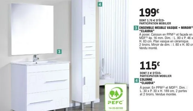 meuble vasque + miroir claudia + colonne à poser: promo 199€, ppm & mdf, l. 80 x p. 4, 3,70 € d'éco-participation!