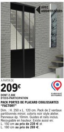 Pack Portes de Placard Factory - 2 Vantaux Partitionnés Miroir - 209€ (2,80€ Éco-Participation) - H. 250 x L. 120 cm, Coloris Noir Style.