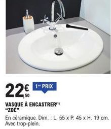 Vasque à encastrer ZOE en céramique: L. 55 x P. 45 x H. 19 cm, Avec Trop-Plein - 22€!