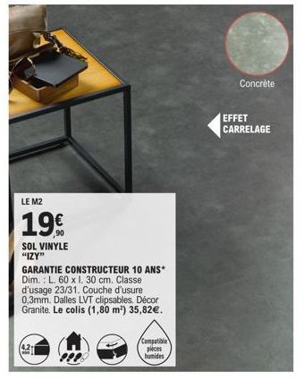 M² 19€ Promo: Sol Vinyle Izy Garanti 10 ans - Dalles LVT Clipsables, Décor Granite