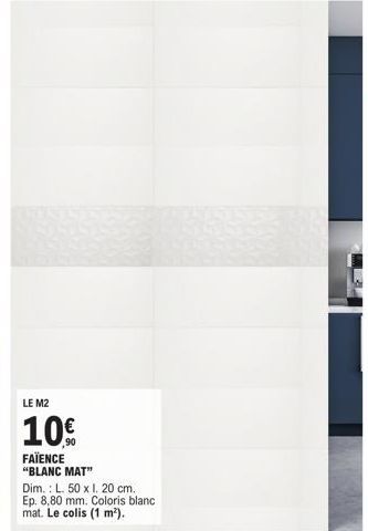 Promo 10% - M2 FAÏENCE Blanc Mat 50x20cm Ep 8,80 mm - 1m².
