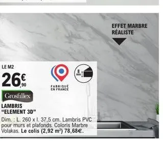 lambris pvc m2 'element 3d' 26€ - réalisez un effet marbre en france - couleur marbre volakas - 2,92 m² - 78,68€.