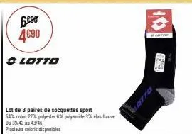 offre spéciale: 3 paires de socquettes sport darre - 64% coton, 27% polyester, 6% polyamide, 3% elasthanne - du 39/42 au 43/46 - 4€90!